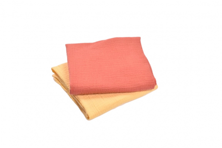 Paturica Impermeabila - Set 2 museline bumbac organic roz inchis si galben 80x80 cm