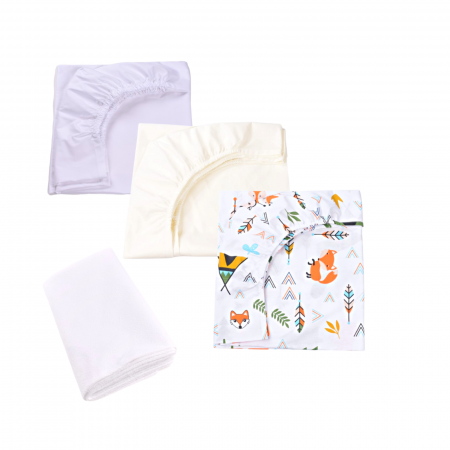 Cearceaf Impermeabil - Set 3 cearsafuri alb crem si model animalute+ protectie impermeabila patut 90x40/50 cm