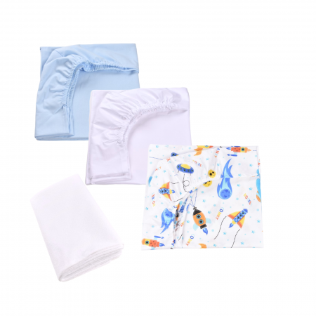 Cearceaf Impermeabil - Set 3 cearsafuri bleu alb si model rachete si planete + protectie impermeabila patut 90x40/50 cm
