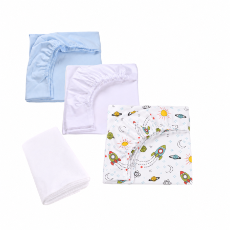 Pilota Groasa De Iarna - Set 3 cearsafuri bleu alb si model rachete si planete + protectie impermeabila patut 90x40/50 cm