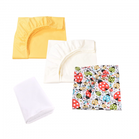 Pentru copii - Set 3 cearsafuri galben crem si model buburuze + protectie impermeabila patut 90x40/50 cm