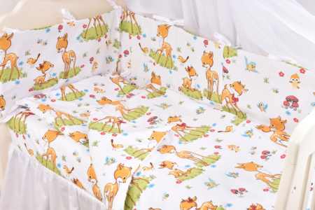 Lenjerii  complete 7 piese - Set complet 7 piese lenjerie si aparatori patut 120x60 cm bumbac 100% model Caprioare