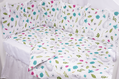 Lenjerii  complete 7 piese - Set complet 7 piese lenjerie si aparatori patut 120x60 cm bumbac 100% model iepurasi si flori