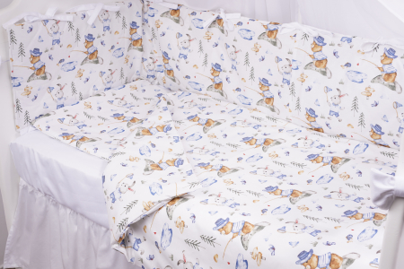 Lenjerii  complete 7 piese - Set complet 7 piese lenjerie si aparatori patut 120x60 cm bumbac 100% model iepurasi albastru