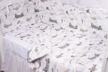 Lenjerie Damasc - Set complet 7 piese lenjerie si aparatori patut 120x60 cm bumbac 100% model soldatei gri