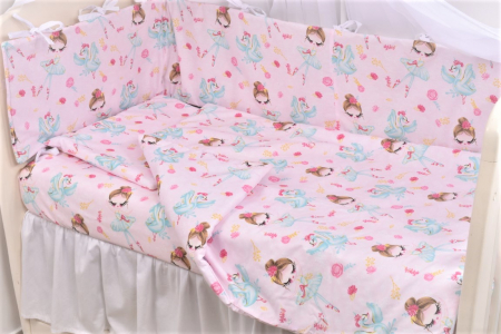 Set complet 7 piese Lenjerie si aparatori patut 120x60 cm bumbac 100% model Balerine si lebede [0]