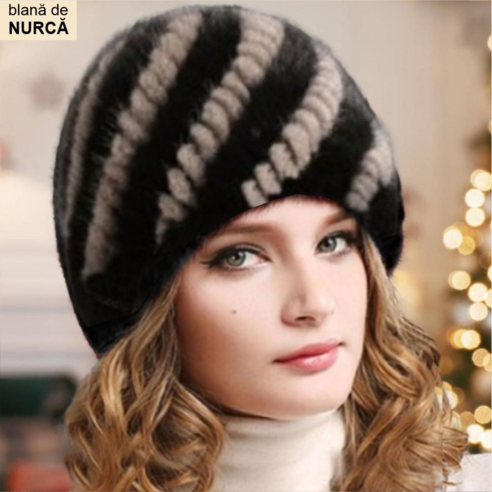 Caciula din blana de NURCA - Princess Lux (NEGRU+CREM) - marime universala [2]