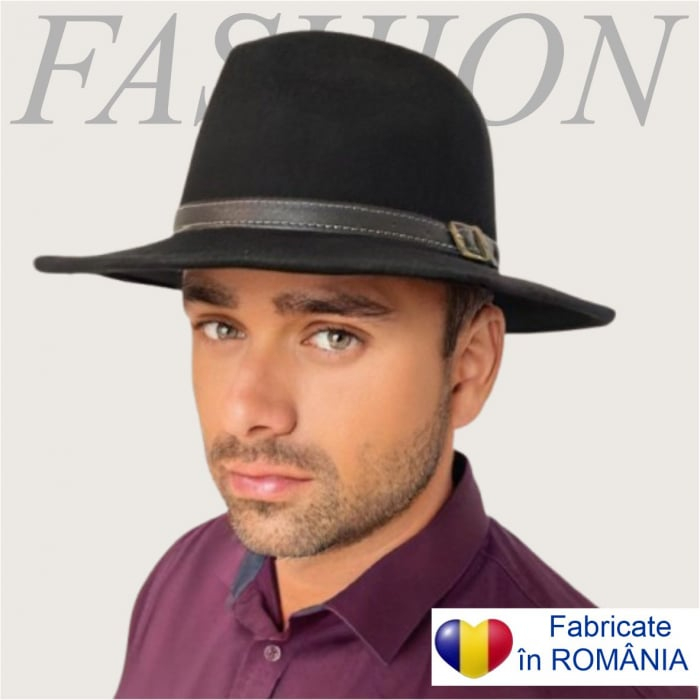 Palarie barbati din fetru lux cu boruri italiene si curea cu catarama CHARLES LUX (NEAGRA) [1]