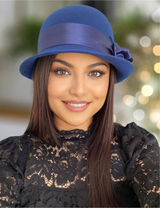 Palarie din fetru lux cu panglica din satin NOBLESS LUX (ALBASTRU) - marime unica, reglabila [6]