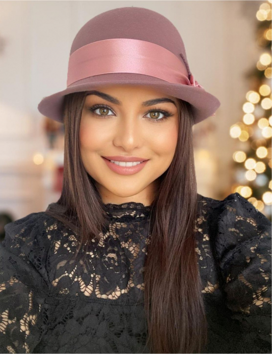 Palarie din fetru lux cu panglica din satin NOBLESS LUX (ROZ pudra) - marime unica, reglabila [1]