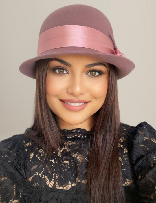 Palarie din fetru lux cu panglica din satin NOBLESS LUX (ROZ pudra) - marime unica, reglabila [2]