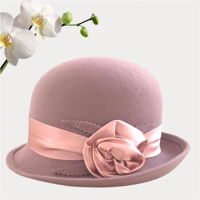 Palarie din fetru lux cu panglica din satin NOBLESS LUX (ROZ pudra) - marime unica, reglabila [4]