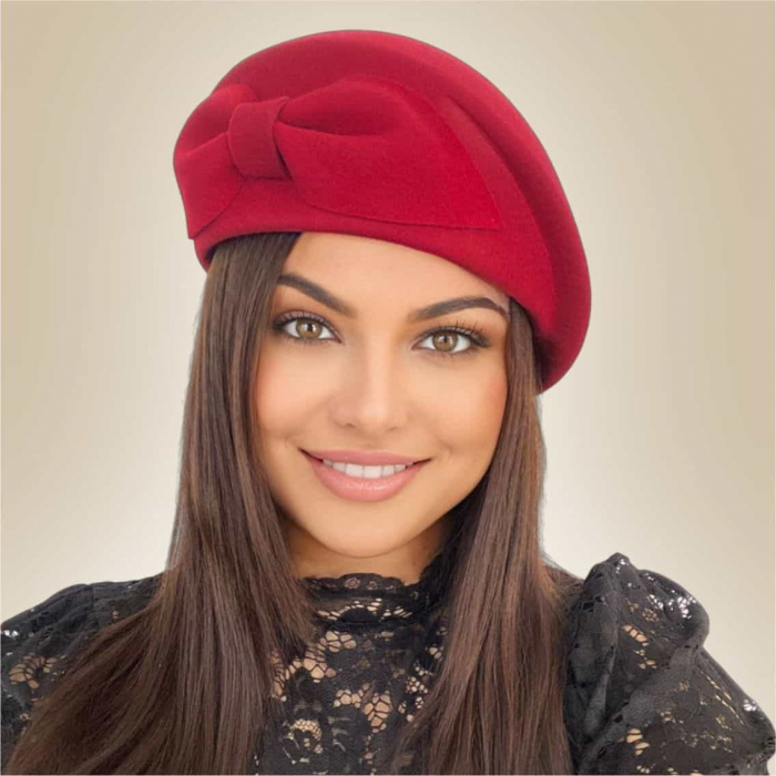 Palarie toca din fetru lux cu funda eleganta PRINCESS LUX (ROSU) - marime unica, reglabila [4]