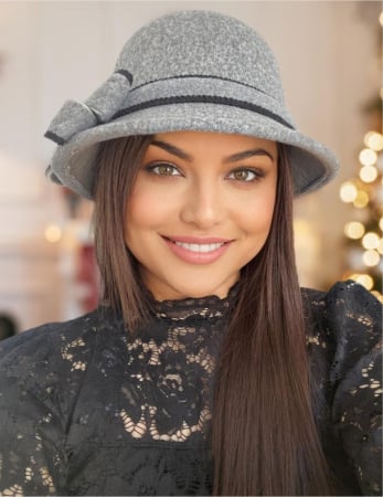 PALARII GRI - Palarie dama cu boruri delicate si funda MISS ALISS (GRI perlat) - marime unica, reglabila