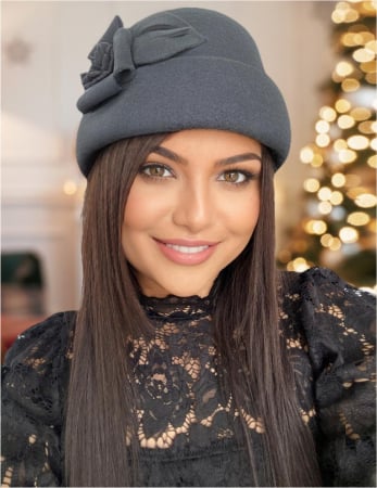 PALARII GRI - Palarie dama din fetru lux tip toca MISS MAGIC (GRI inchis) - marime unica, reglabila