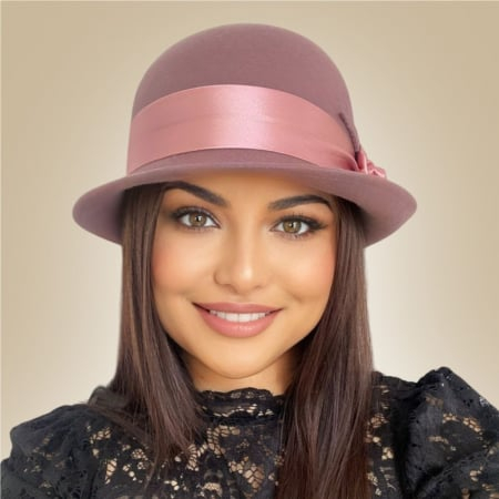 Palarie din fetru lux cu panglica din satin NOBLESS LUX (ROZ pudra) - marime unica, reglabila [2]