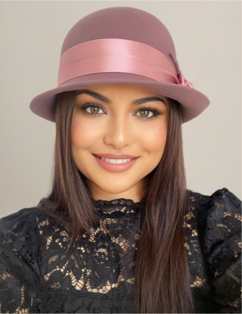 Palarie din fetru lux cu panglica din satin NOBLESS LUX (ROZ pudra) - marime unica, reglabila [1]