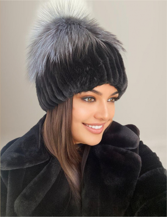 Caciula din blana de sinsila + vulpe Lady Lux (NEGRU+GRI spicat) - marime universala [3]