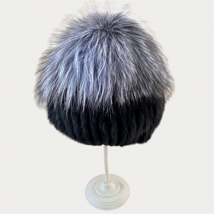 Caciula din blana de sinsila + vulpe Lady Lux (NEGRU+GRI spicat) - marime universala [7]