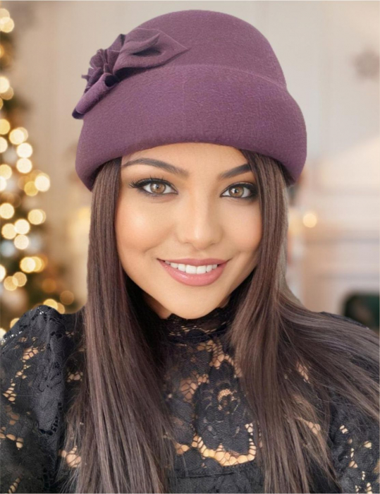 Palarie dama din fetru lux tip toca MISS MAGIC (GRENA prunia) - marime unica, reglabila [2]