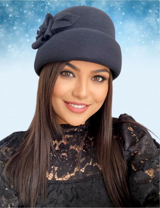 Palarie dama din fetru lux tip toca MISS MAGIC (NEGRU) - marime unica, reglabila [4]