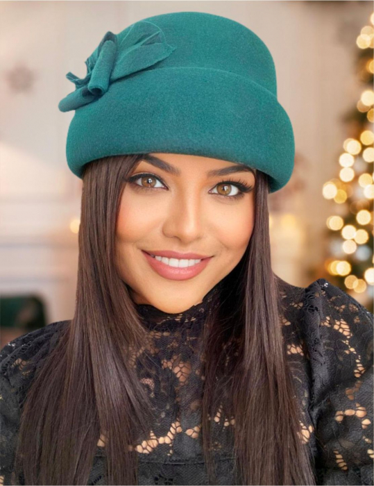 Palarie dama din fetru lux tip toca MISS MAGIC (VERDE PERSAN) - marime unica, reglabila [2]