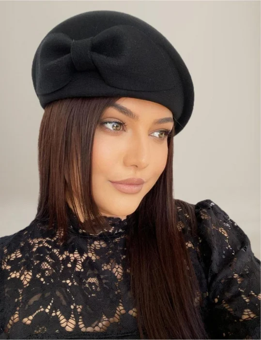 Palarie toca din fetru lux cu funda eleganta PRINCESS LUX (NEAGRA) - marime unica, reglabila [6]
