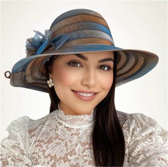 Palarie de soare de lux din organza satinata VENETIA CHIC (ALBASTRU+ARAMIU) - marime unica, reglabila [3]