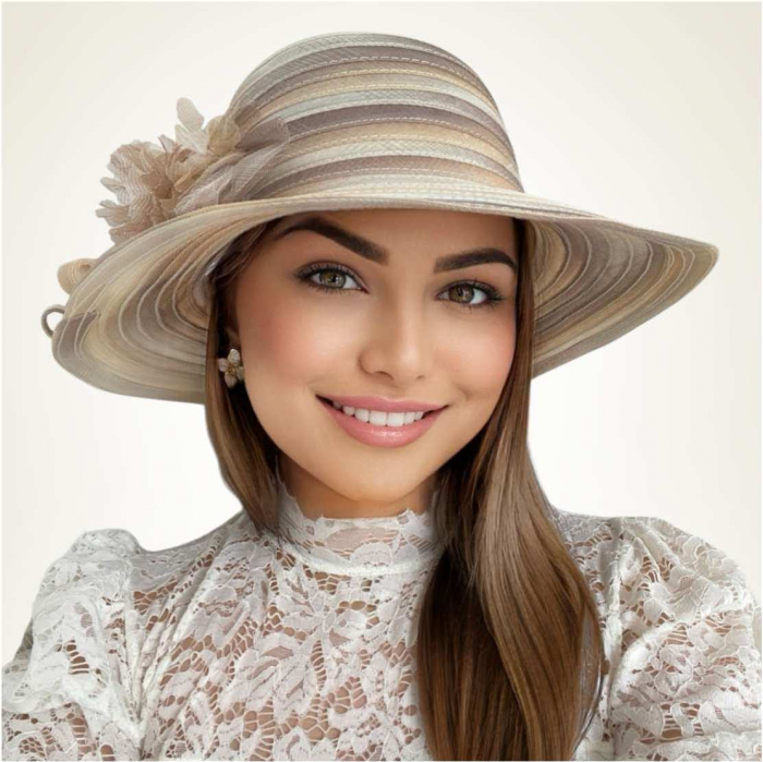 Palarie de soare de lux din organza satinata VENETIA CHIC (CREM+ARAMIU) - marime unica, reglabila [3]