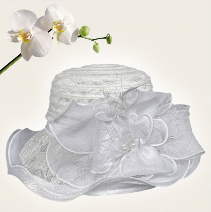 Palarie soare de lux din organza cu margini dantelate SPLENDOR LUX  (ALB) - marime unica, reglabila [4]