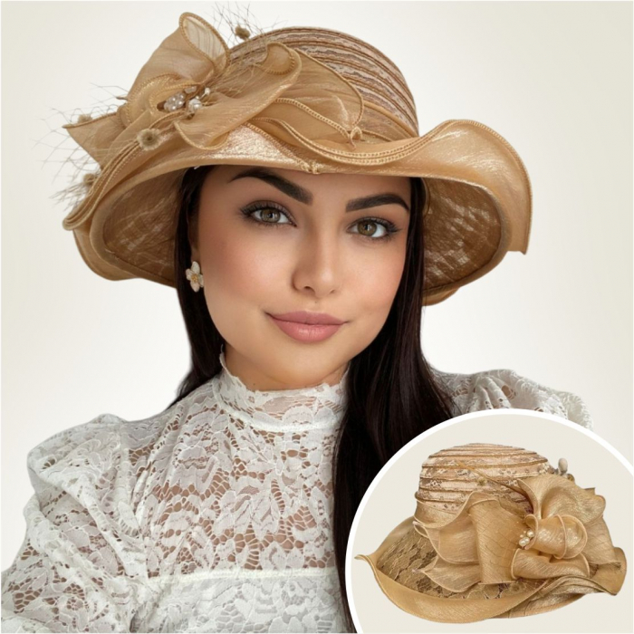 Palarie soare de lux din organza cu margini dantelate SPLENDOR LUX  (MARO aramiu) - marime unica, reglabila [3]