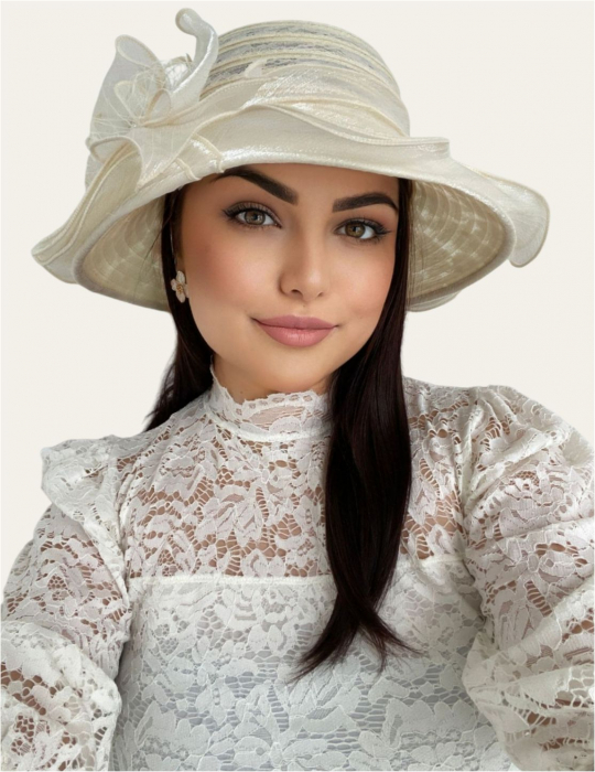 Palarie soare de lux din organza cu margini dantelate SPLENDOR LUX  (CREM) - marime unica, reglabila [2]