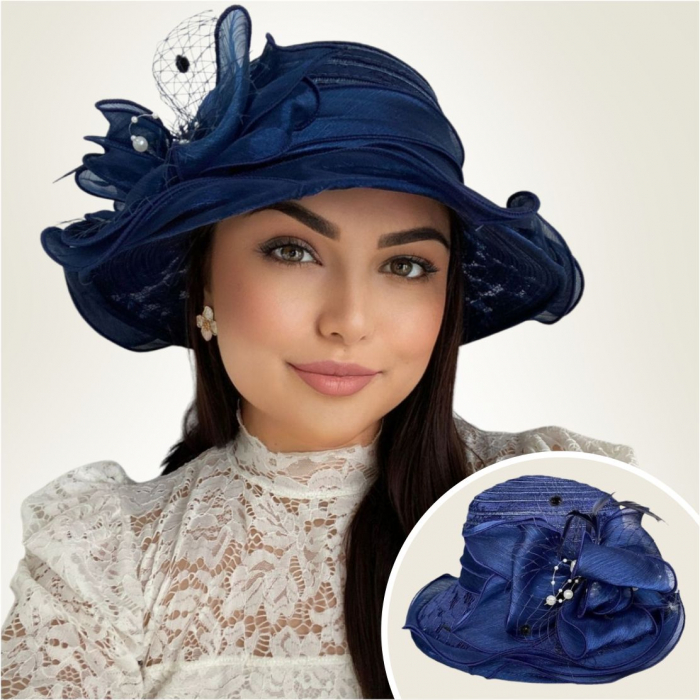 Palarie soare de lux din organza cu margini dantelate SPLENDOR LUX (BLEUMARIN) - marime unica, reglabila [3]