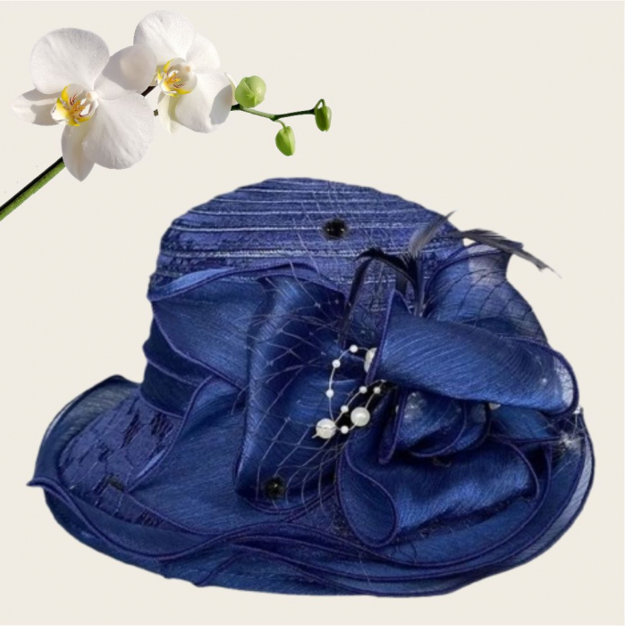 Palarie soare de lux din organza cu margini dantelate SPLENDOR LUX (BLEUMARIN) - marime unica, reglabila [4]