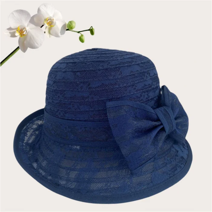 Palarie soare de lux din organza dantelata cu flori ANTONIA LUX (BLEUMARIN) - marime unica, reglabila [4]