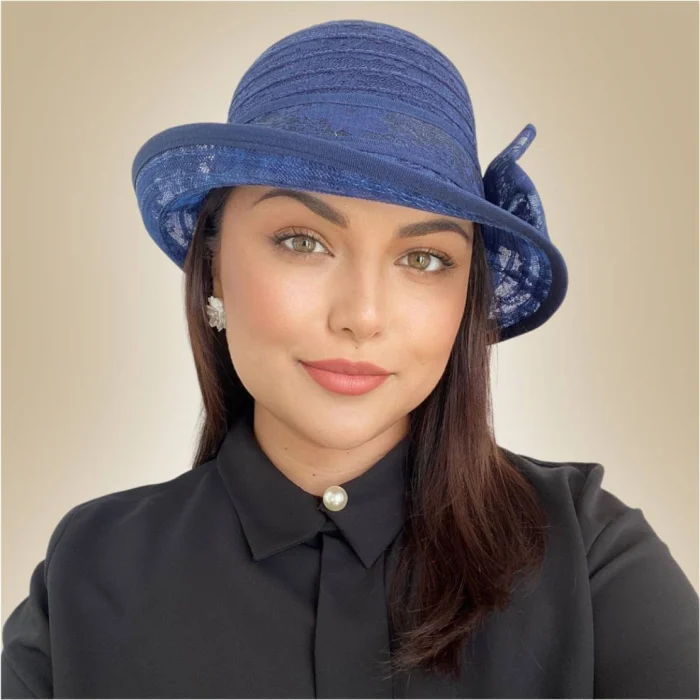 Palarie soare de lux din organza dantelata cu flori ANTONIA LUX (BLEUMARIN) - marime unica, reglabila [3]