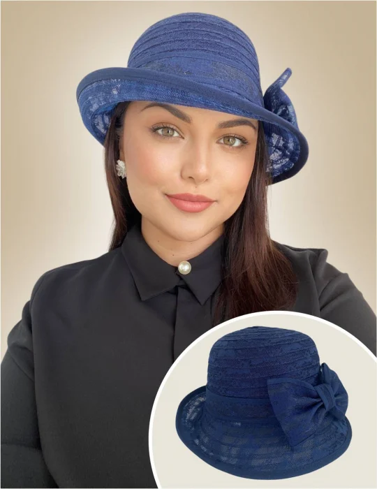 Palarie soare de lux din organza dantelata cu flori ANTONIA LUX (BLEUMARIN) - marime unica, reglabila [2]