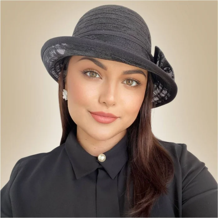 Palarie soare de lux din organza dantelata cu flori ANTONIA LUX (NEGRU) - marime unica, reglabila [3]