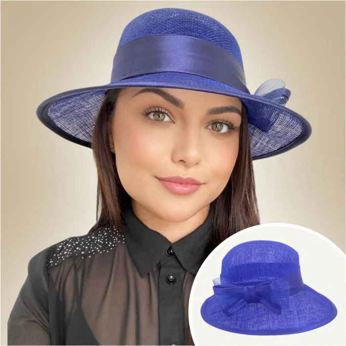Palarie soare de lux din sizal cu funda din satin AURORA LUX (ALBASTRU) - marime unica, reglabila [3]