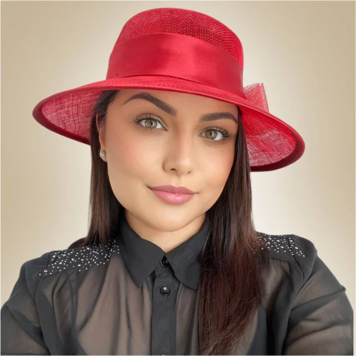 Palarie soare de lux din sizal cu funda din satin AURORA LUX (ROSU) - marime unica, reglabila [4]