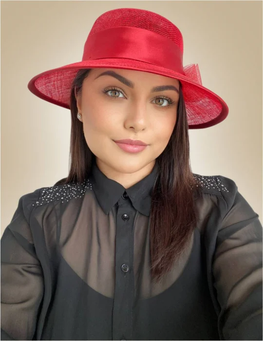 Palarie soare de lux din sizal cu funda din satin AURORA LUX (ROSU) - marime unica, reglabila [2]