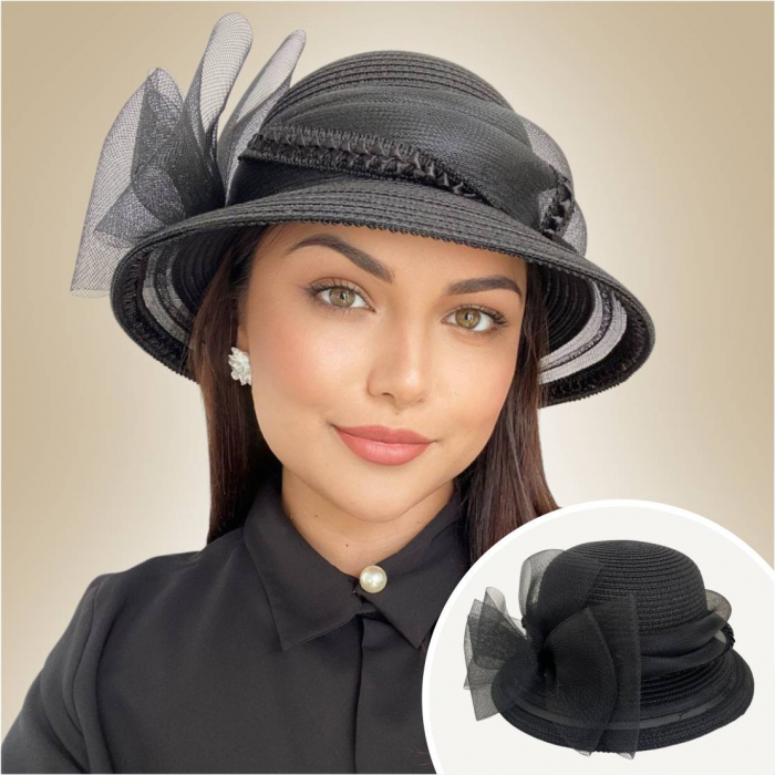 Palarie soare lux cu decor luxuriant din crinolina MISS AMERICA (NEGRU+crinolina pe margine) - marime unica, reglabila [2]