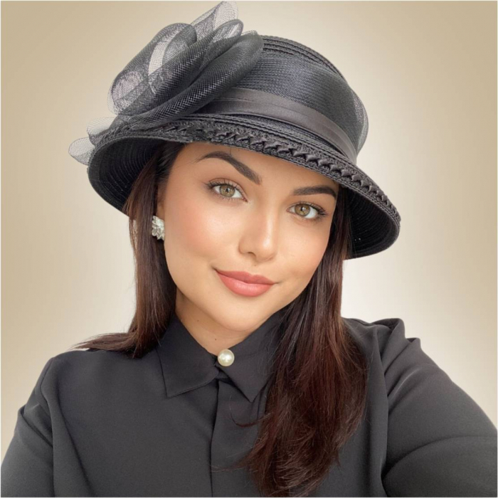 Palarie soare lux cu decor luxuriant din crinolina MISS AMERICA (NEGRU) - marime unica, reglabila [3]