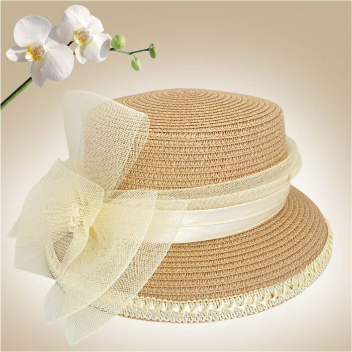 Palarie soare lux cu decor luxuriant din crinolina MISS AMERICA (CREM) - marime unica, reglabila [4]