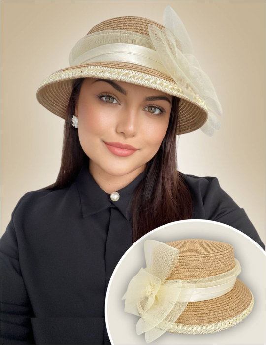 Palarie soare lux cu decor luxuriant din crinolina MISS AMERICA (CREM) - marime unica, reglabila [2]