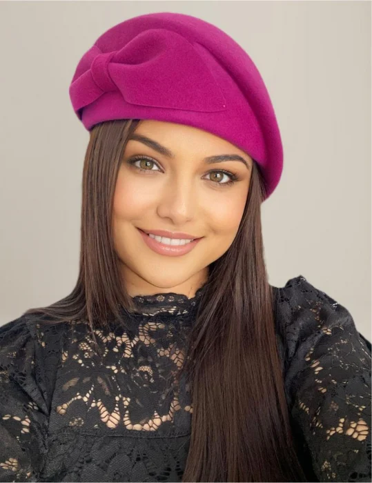 Palarie toca din fetru lux cu funda eleganta PRINCESS LUX (ROZ fucsia) - marime unica, reglabila [3]
