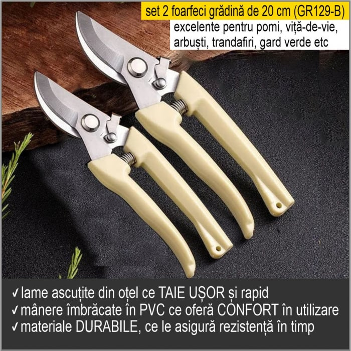 Set 2 foarfeci de gradina cu lame ascutite din otel, ce taie rapid si precis, manere imbracate in PVC, arc antisoc si siguranta [3]
