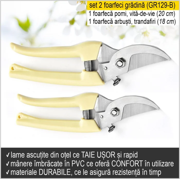 Set 2 foarfeci de gradina cu lame ascutite din otel, ce taie rapid si precis, manere imbracate in PVC, arc antisoc si siguranta [8]