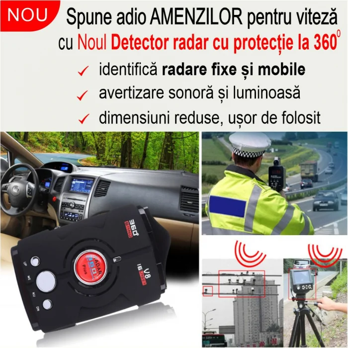 AUTO - Detector Radar V8 360 Plus cu alerta sonora + luminoasa si arie de detectie la 360 grade