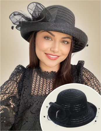 PALARII SOARE - Palarie dama de lux din organza dantelata cu voaleta CELESTIA (NEGRU) - marime unica, reglabila